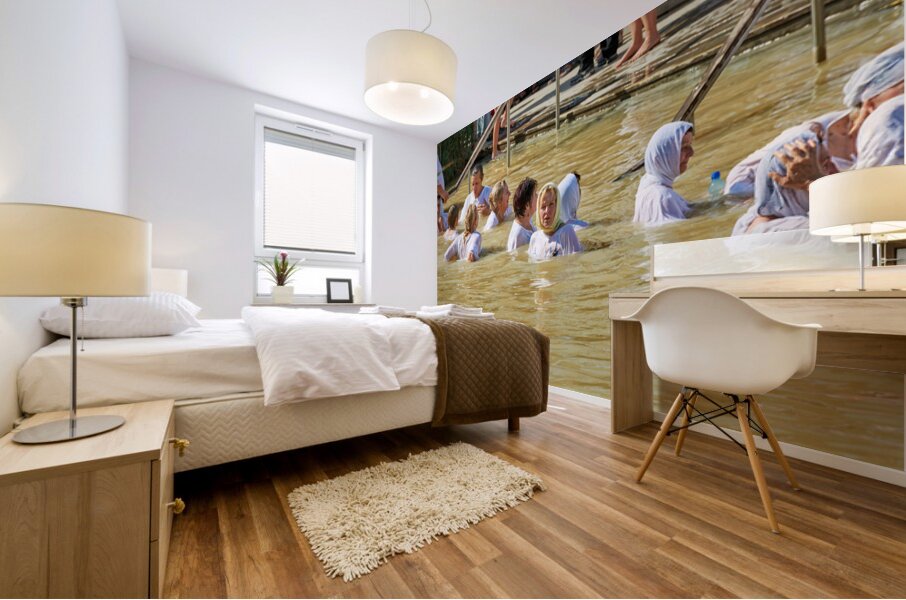 Visitors participate in baptism ceremony at Jordan River site Mural print