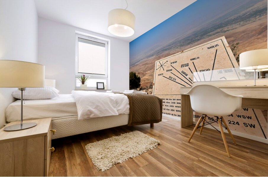 View from Mount Nebo shows signs and the Landscape of Jordan Mural print