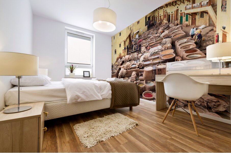 Chouara Tannery in Fez Morocco showing leather dyeing process Mural print