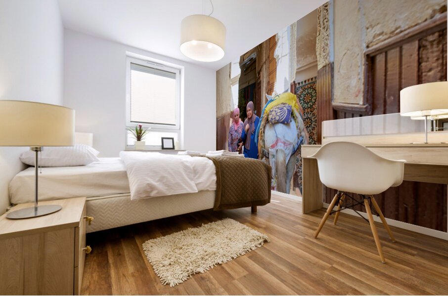 Women walking with donkey in narrow alley of Fez Medina Mural print