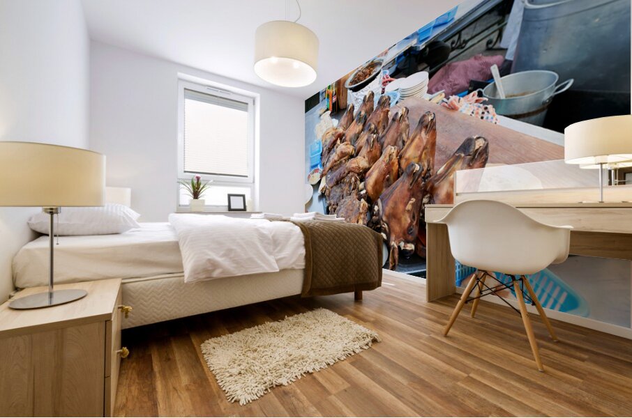 Goat heads ready to serve in Marrakeshs Djema el Fna Mural print