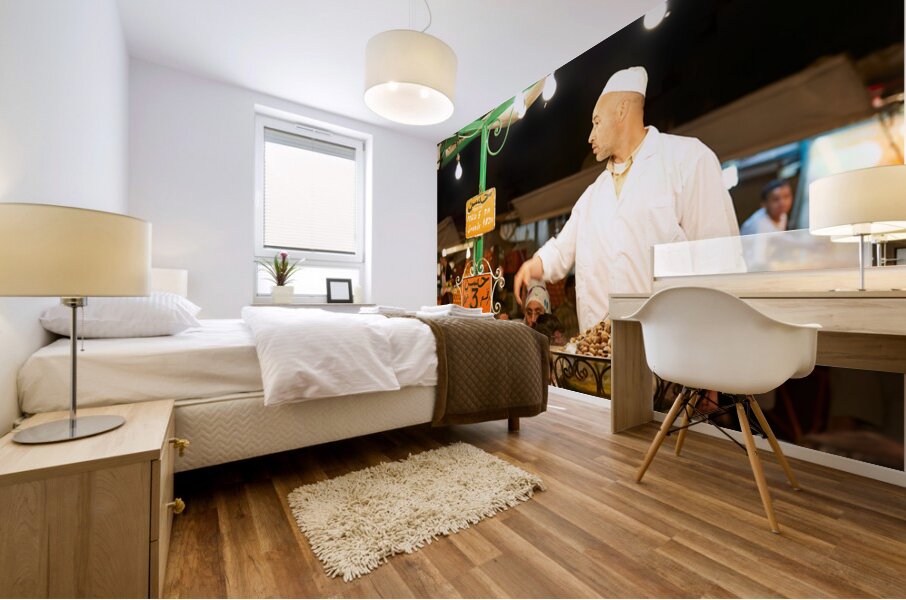 Snail dinner served at street vendors in Marrakech night market Mural print