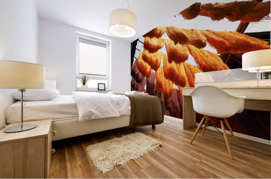 Colorful threads hanging in the dyers souk of Marrakesh Morocco Mural print