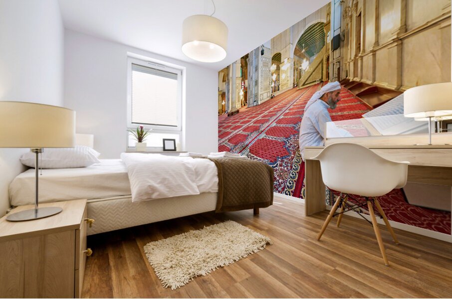 Visitor reading Quran in Umayyad Mosque in Damascus Mural print