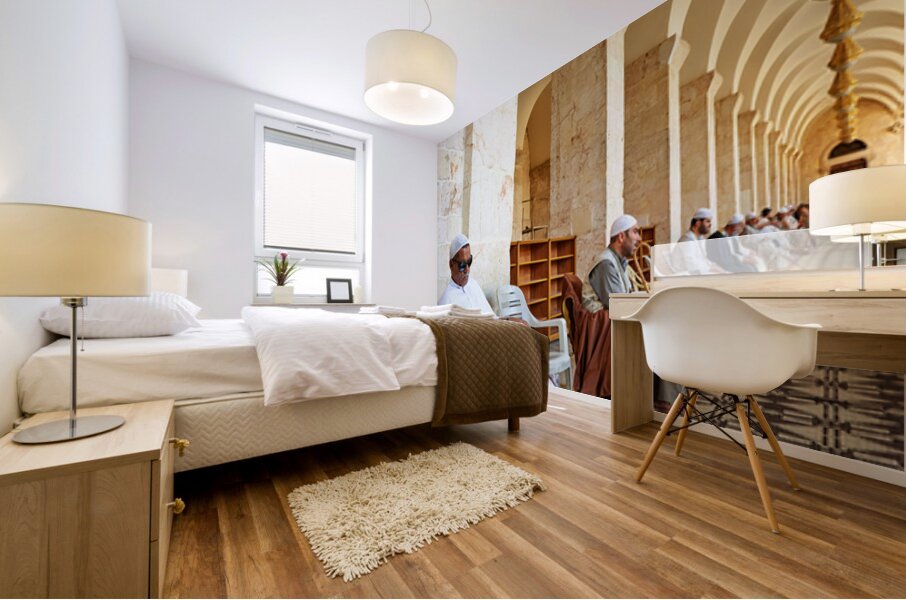 Sitting and waiting at a mosque in Aleppo Syria Mural print