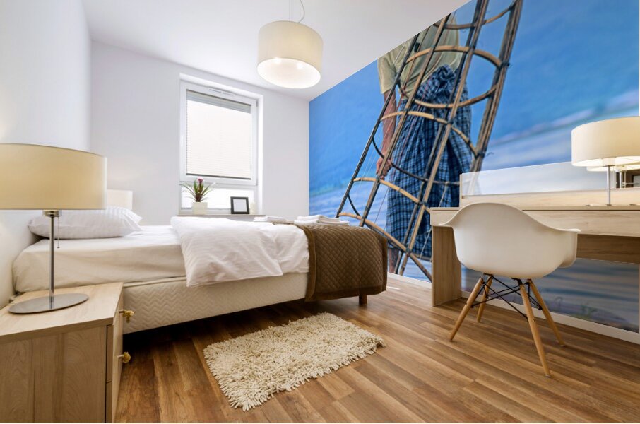 Fishing on Inle Lake in Myanmar with bamboo tools Mural print