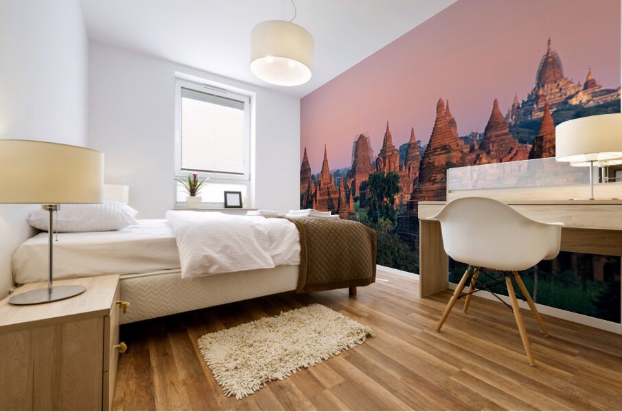 Temples in Bagan at dusk with a clear sky over Myanmar Mural print