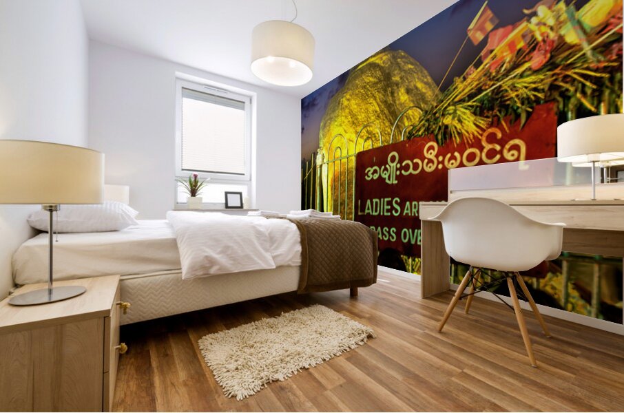 Visitors gather at Kyaiktiyo Pagoda Golden Rock in Myanmar at su Mural print