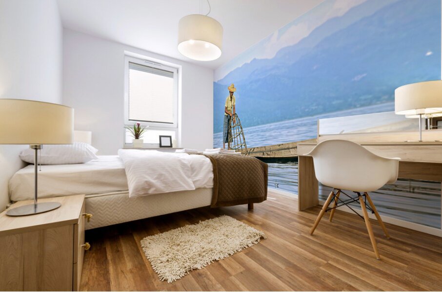 Traditional fishing on Inle Lake in Myanmar by local fisherman Mural print