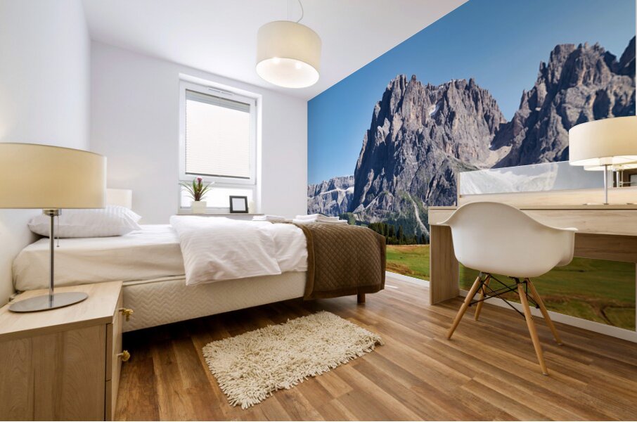 Sassolungo mountain peak view at Seiser Alm in Italy Mural print