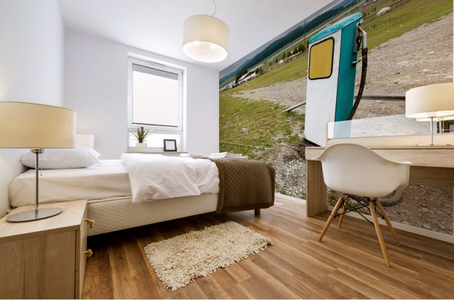 Old style soviet gas station in Mongolia near open fields Mural print