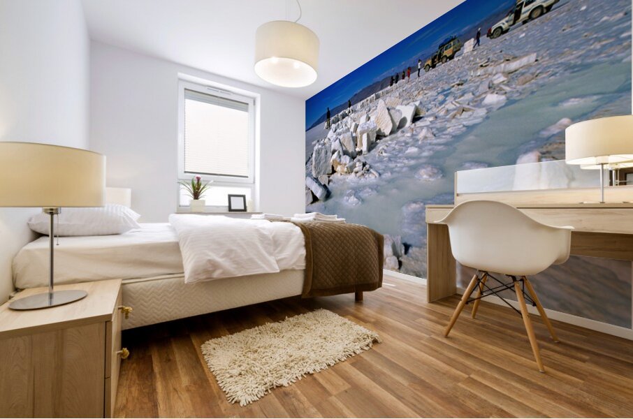 Explorers on a salt flat with salt blocks and water. Mural print