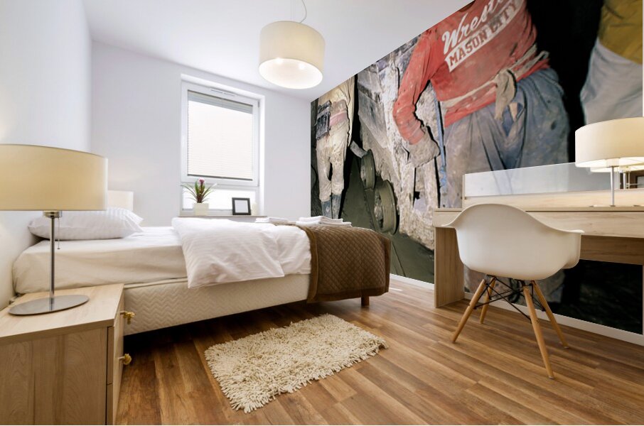 Miners pushing a loaded cart through a muddy underground mine. Mural print