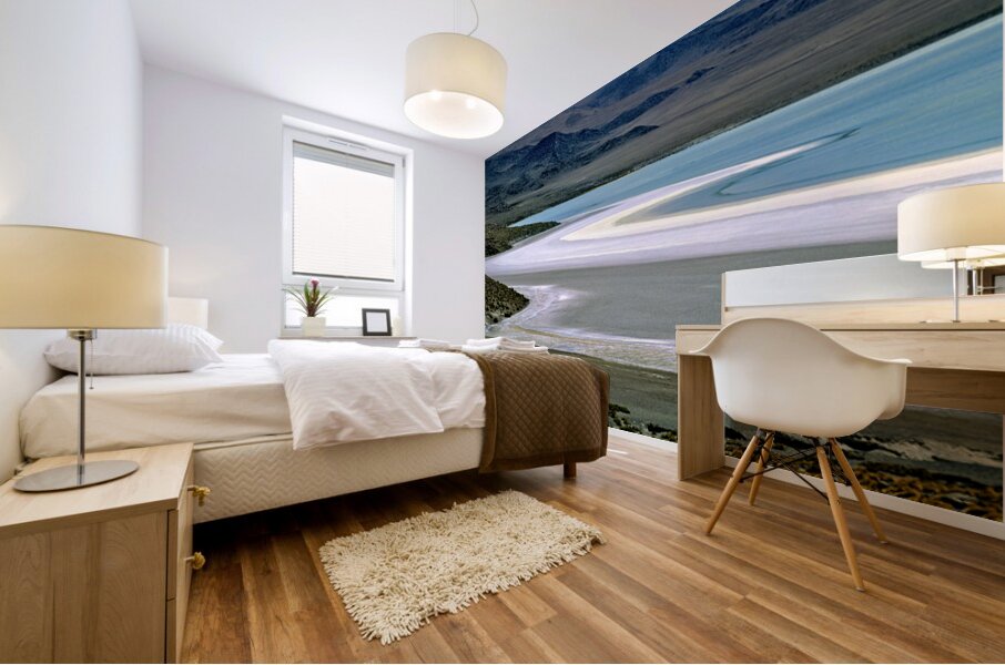 Scenic desert lake with white shore and rocky mountains. Mural print