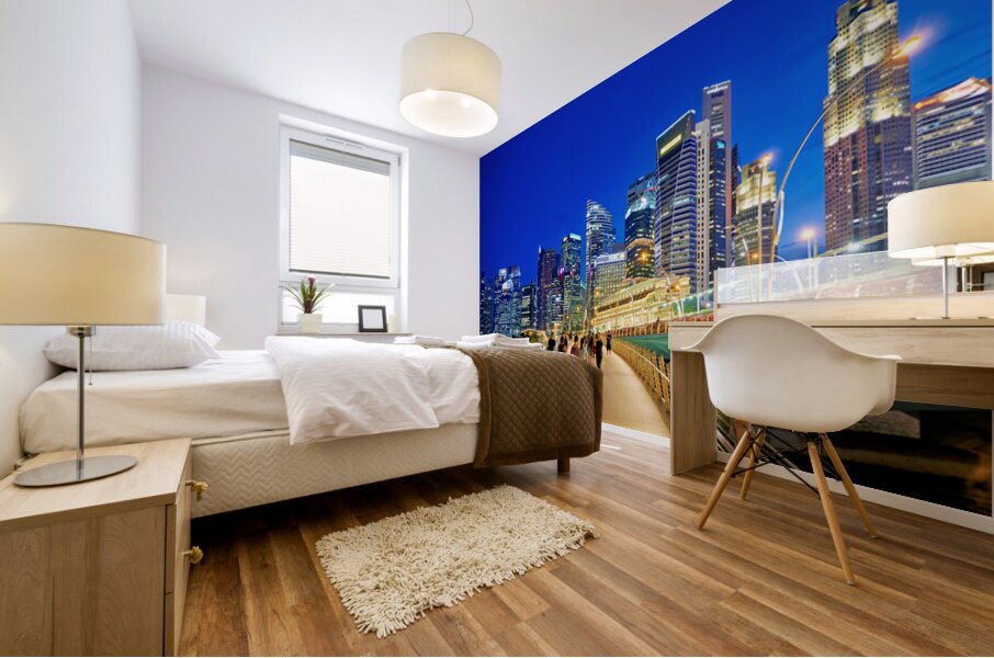 City skyline and people walking at sunset near Marina Bay Mural print