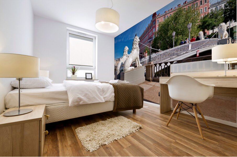 Lions guard the bridge in Saint Petersburg on a sunny day Mural print