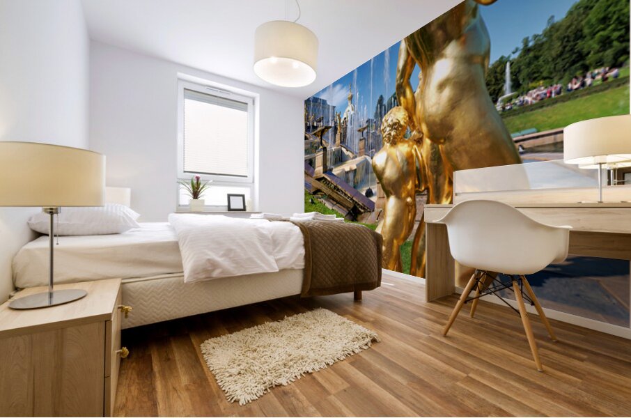 Golden statues at Peterhof Palace in Saint Petersburg Mural print