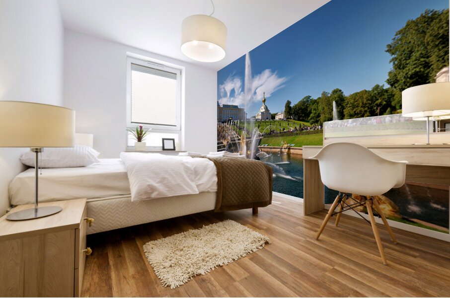 Visitors admire the fountains at Peterhof Palace Mural print