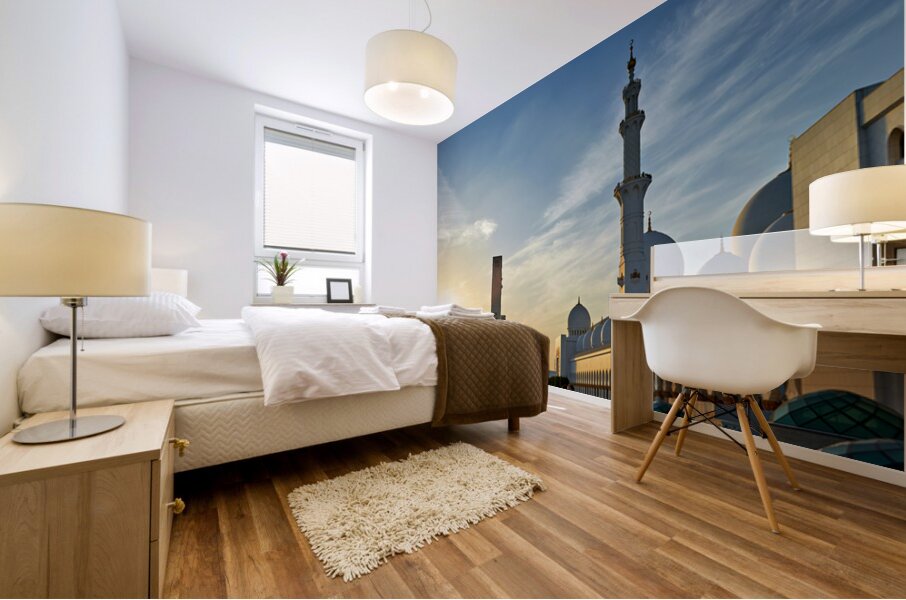 Visit to Sheikh Zayed Grand Mosque in Abu Dhabi at sunset Mural print