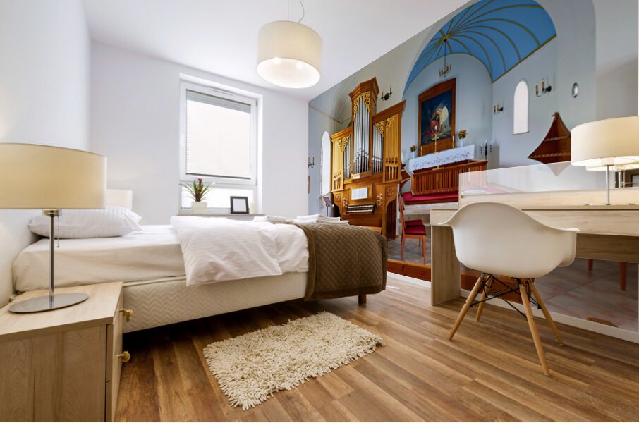 Wooden church interior with organ in Vik i Myrdal Iceland Mural print