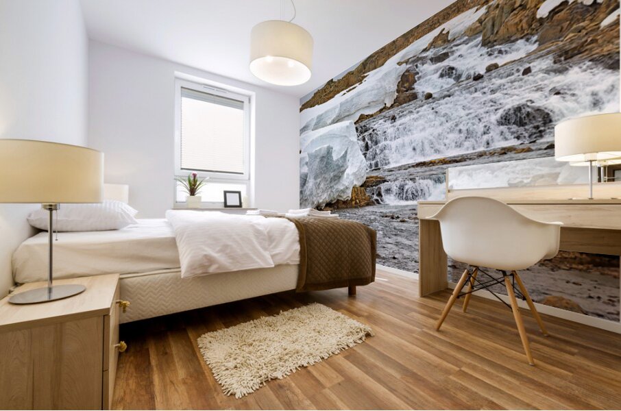 Flowing water and snow near Djupvegur in Iceland Mural print