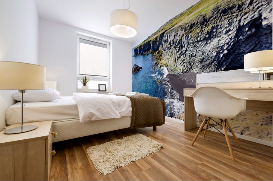 View of Arnarstapi cliffs and black sand beach in Iceland Mural print