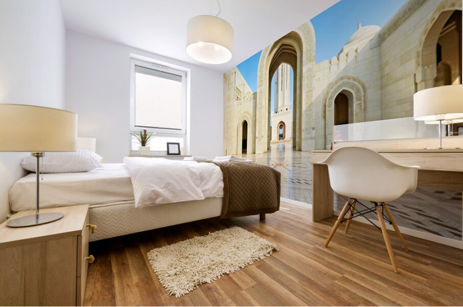 Visitors explore Sultan Qaboos Grand Mosque in Muscat Mural print