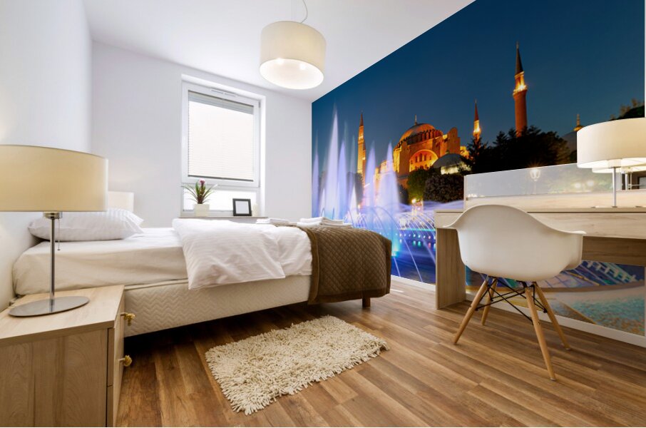 Hagia Sophia Grand Mosque at night with a fountain display Mural print