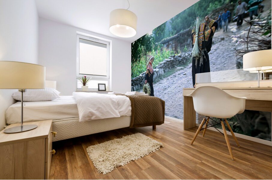 Women working in Bumburet Valley Kalash village Mural print