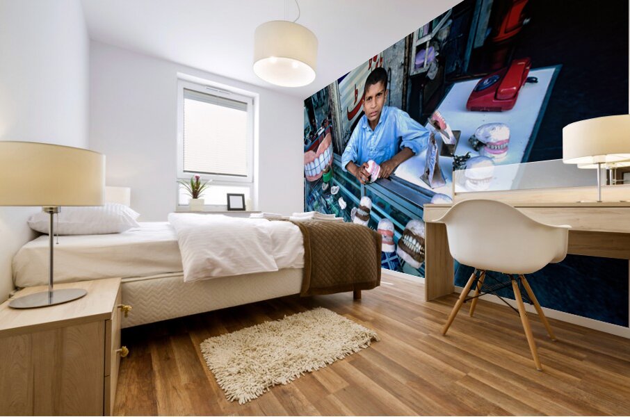 Street dentist offers services in Peshawar with dental models Mural print