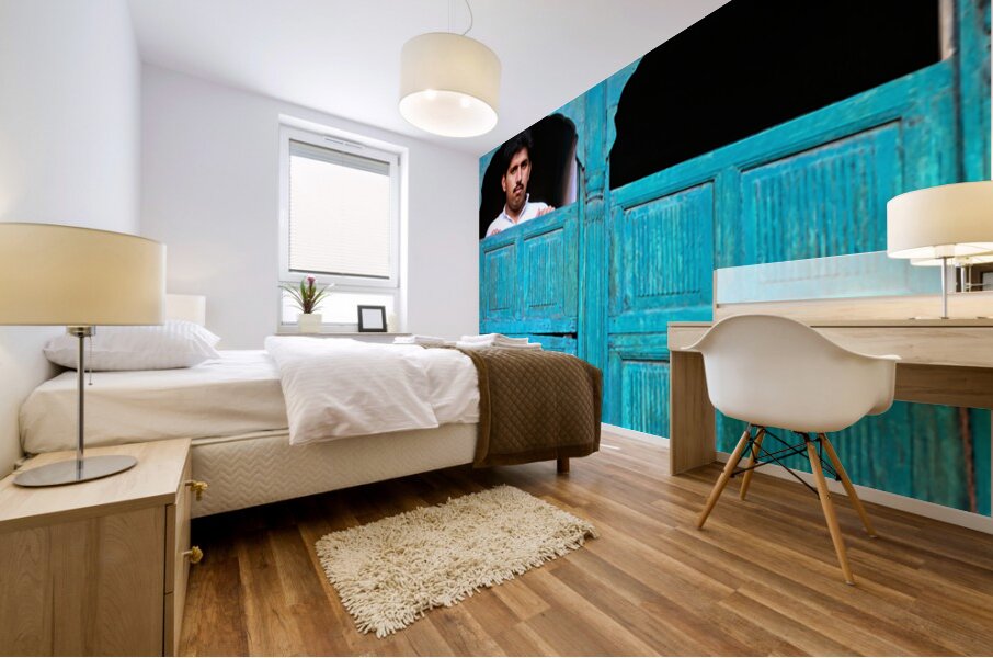 Man looks out from window in Lahore Pakistan Mural print