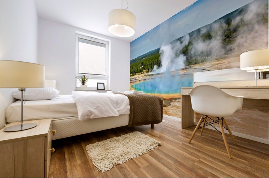 Exploring grand prismatic spring in yellowstone national park Mural print