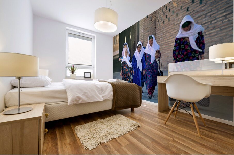 Women stroll through Khivas streets with tradition Mural print