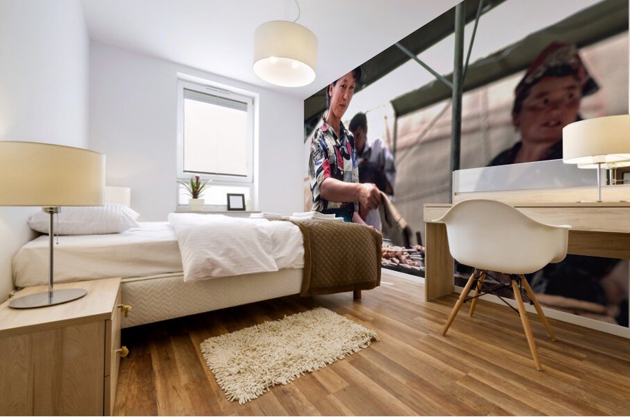 Street food vendors serve meat skewers in Samarkand Uzbekistan Mural print