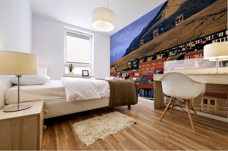 Colorful buildings in Longyearbyen Svalbard at sunset Mural print