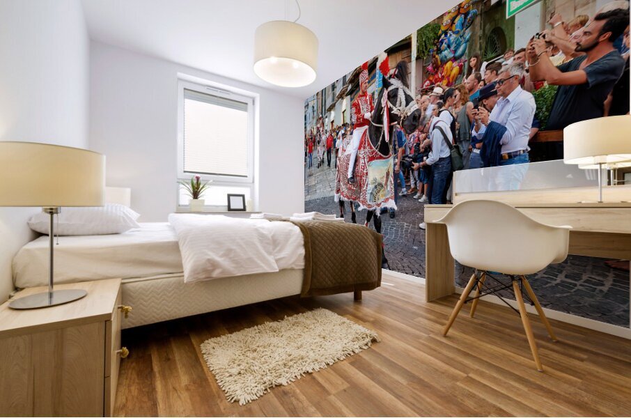 Apulia Puglia Italy. Ostuni. Festival of Saint Orontius. The cavalcata a procession of horses in the streets of the town Mural print