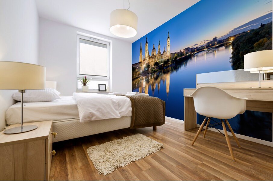 Zaragoza. Saragossa. Aragon. Spain. Cathedral Basilica of Our Lady of the Pillar and river Ebro at sunset Mural print