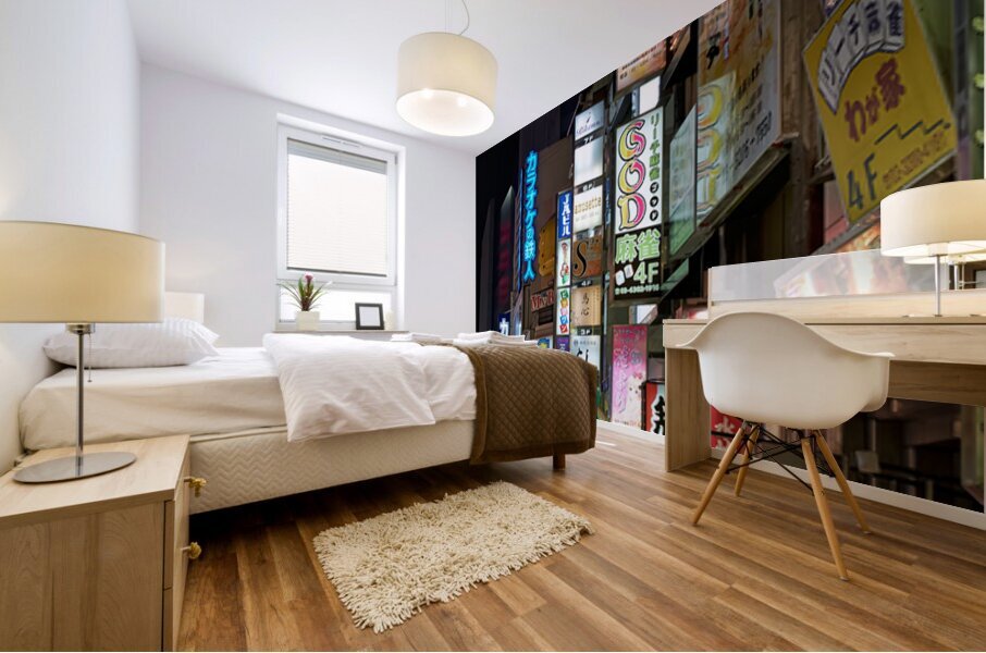 Neon lights illuminate Shinjuku district streets in Tokyo at nig Mural print