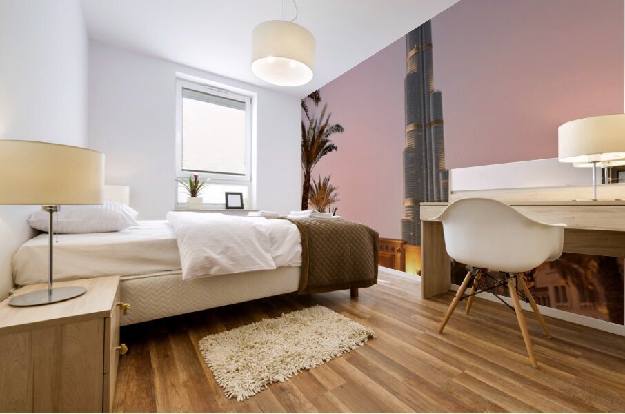 Burj Khalifa stands tall at dusk in Dubai Mural print