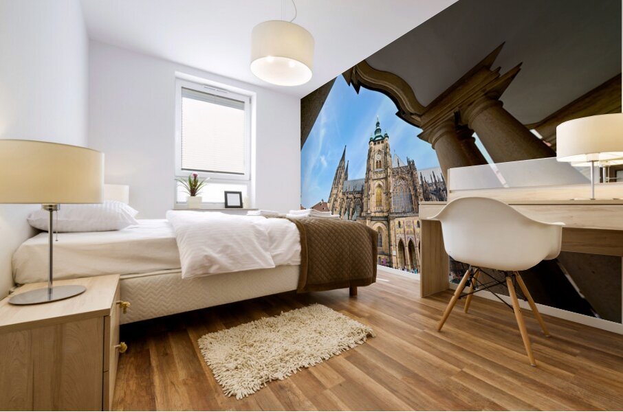 Gothic St. Vitus Cathedral in Prague framed by an arch. Mural print