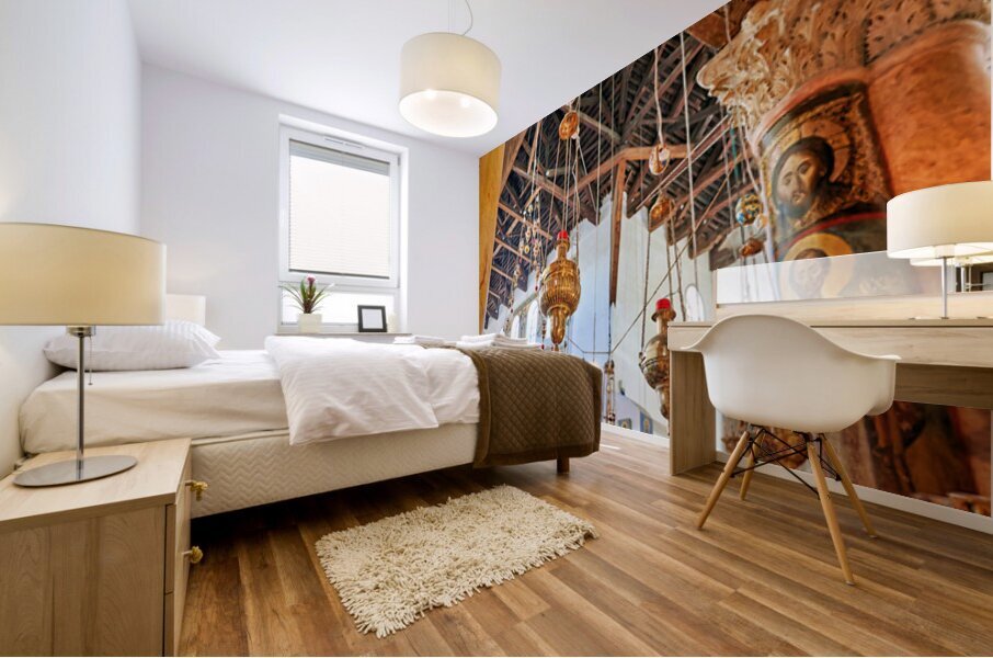 Visitors gather inside the church of the nativity in Bethlehem Mural print