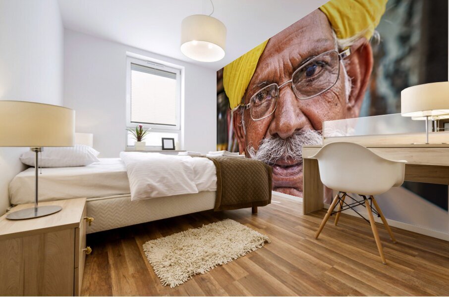 Senior man in yellow turban in Jaisalmer Rajasthan India Mural print