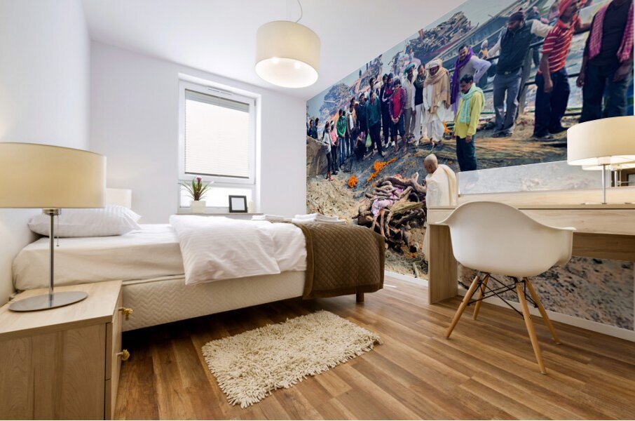 Cremation rites by the Ganges River in Varanasi India Mural print