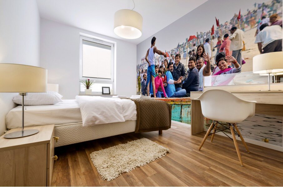 People sit on a boat on the Ganges River Mural print