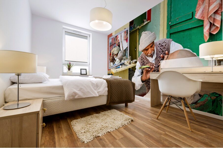 Barber provides shaving service in Varanasi Uttar Pradesh Mural print