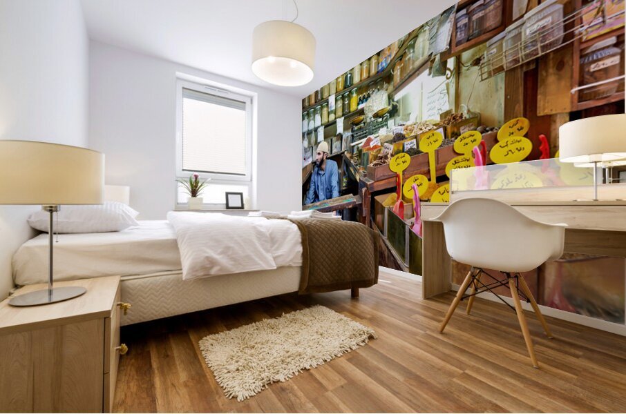 Market scene in Al Hamidiyah Souq showing spices and vendor in S Mural print