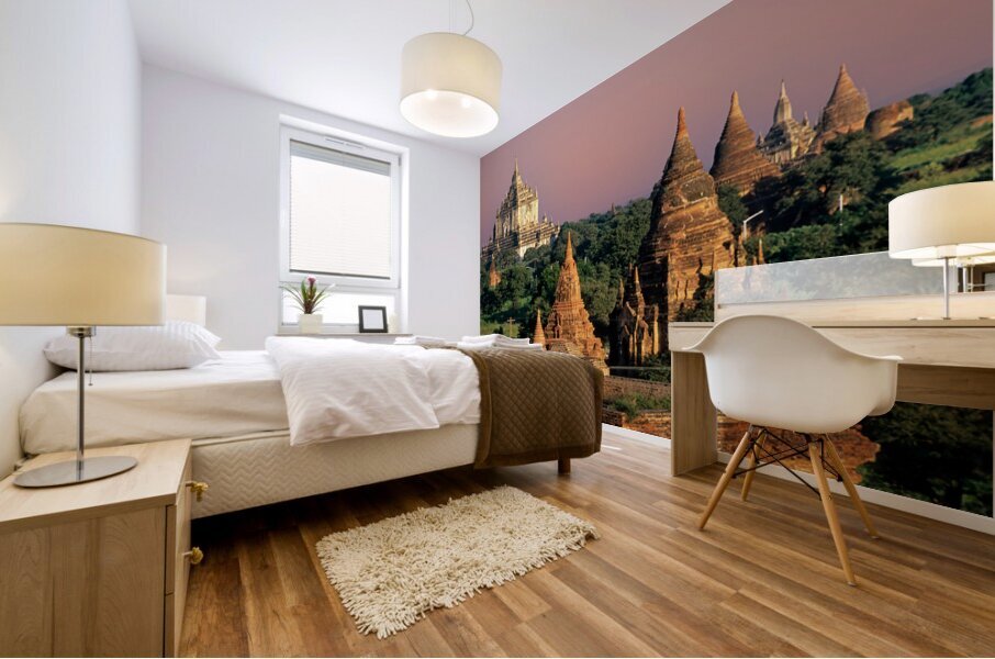 Temples in Bagan during sunset with ancient architecture visible Mural print