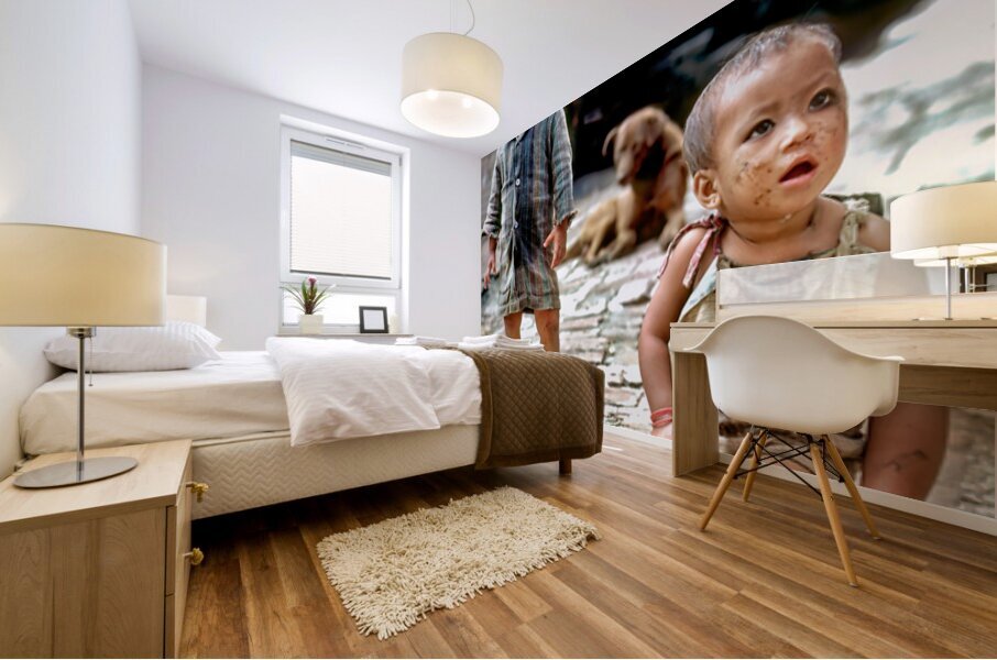Children playing in a narrow street in Kathmandu Nepal during d Mural print