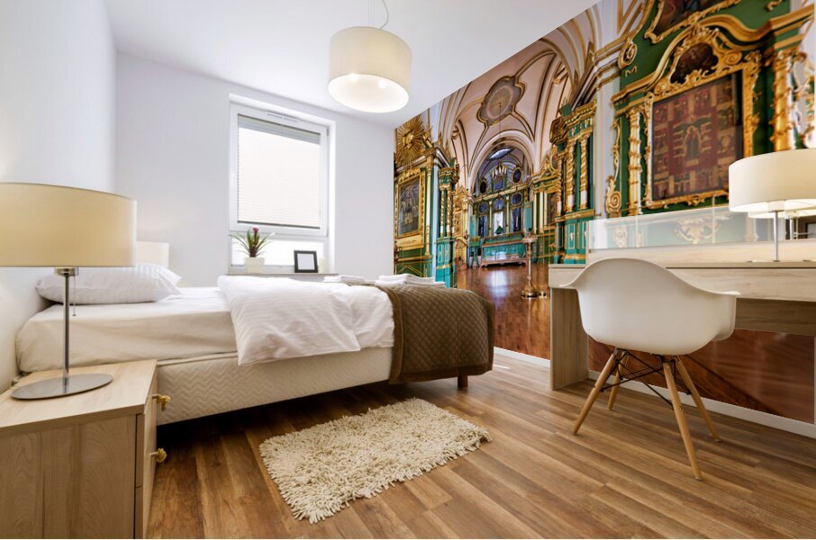 Visitors walk through the grand interior of St Mural print