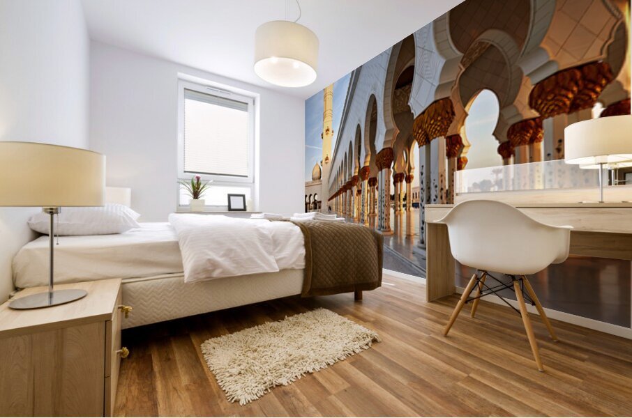 Visit to Sheikh Zayed Grand Mosque in Abu Dhabi at sunset Mural print